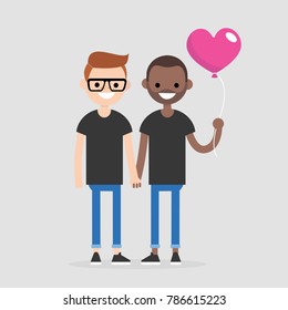 Date. Young couple celebrating Saint Valentines Day. Romantic relationships. Flat editable vector illustration, clip art