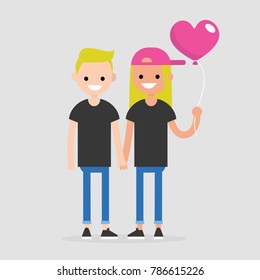 Date. Young couple celebrating Saint Valentines Day. Romantic relationships. Flat editable vector illustration, clip art