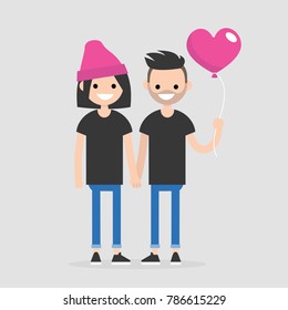 Date. Young couple celebrating Saint Valentines Day. Romantic relationships. Flat editable vector illustration, clip art