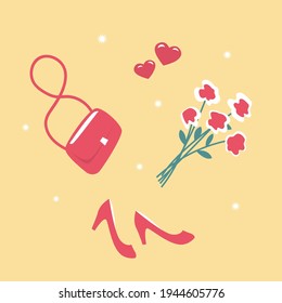 Fecha de una pareja joven. Un tipo con un ramo de flores está esperando a su novia en el porche de su casa. Una puerta en forma de smartphone. Citas en línea. Ilustración romántica del vector