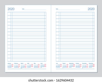 Datebook 2020. Diary 2020. Daily planner 2020. Template design office book to every day, calendar