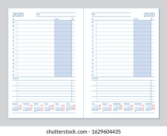 Datebook 2020. Diary 2020. Daily planner 2020. Template design office book to every day, calendar