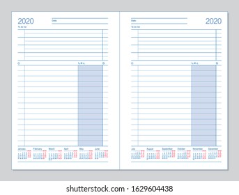 Datebook 2020. Diary 2020. Daily planner 2020. Template design office book to every day, calendar