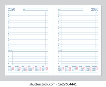 Datebook 2020. Diary 2020. Daily planner 2020. Template design office book to every day, calendar