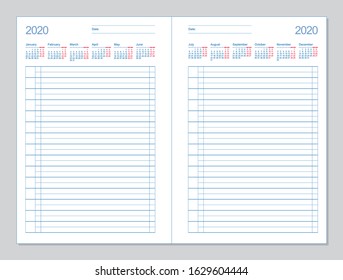 Datebook 2020. Diary 2020. Daily planner 2020. Template design office book to every day, calendar