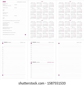 Datebook 2020 year. Diary pages. Daily planner with calendar for 2019, 2020, 2021, 2022 years. Template for layout of diary for any year. Design office book to every day with templates, calendar