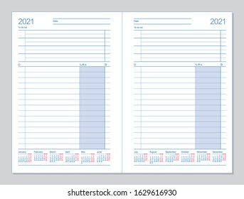 Datebook 2021. Diary 2021. Daily planner 2021. Template design office book to every day, calendar