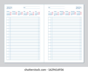 Datebook 2021. Diary 2021. Daily planner 2021. Template design office book to every day, calendar