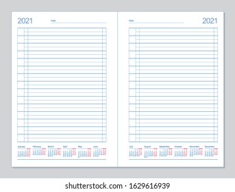 Datebook 2021. Diary 2021. Daily planner 2021. Template design office book to every day, calendar