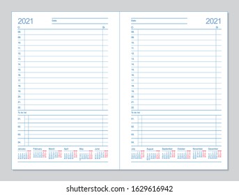 Datebook 2021. Diary 2021. Daily planner 2021. Template design office book to every day, calendar