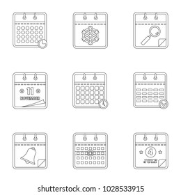 Datebook icons set. Outline set of 9 datebook vector icons for web isolated on white background