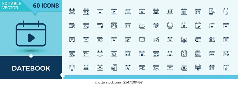 Datebook line icon collections. Containing organizer, event, app, week, point, meeting, management, symbol. Outline icon collections. Vector illustration in modern line style.