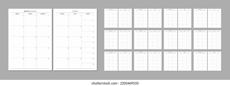 Dated 2023 monthly planner inserts. Minimalist lined planner page. Month on 2 pages. Personal organizer printable sheet layout for your A5 planner, calendar, diary. Vector.