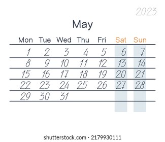 Dated sheet as of May 2023. The week starts on Monday, with Saturday and Sunday in the background. Big numbers. Flat vector illustration, eps10
