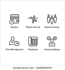 Dateline, Project start up, Business Group, Time Management, Telephone, Business Decision Making, icon, Line icon Set