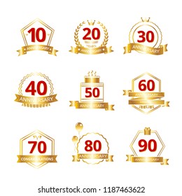 Dates of anniversaries with a golden metallic effect and red numbers for the design of posters, invitations, postcards. Vector celebration template
