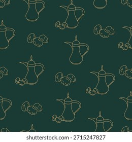 Dates and arabic tea coffee pot seamless pattern. Line golden icons on dark green pattern.