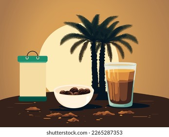 Dates Bowl With Drink Glass, Palm Trees On Sunrise or Sunset Background. Iftar or Suhoor Time Concept.