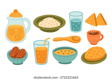 Dátiles, panes, jugo, naranjas, gachas, sopa, queso, café, agua, arroz, bocadillo, vajilla plana iconos coloridos conjunto. Paquete de diseño de elemento de dibujos animados de comida y herramienta de comida de la mañana. Ilustración vectorial