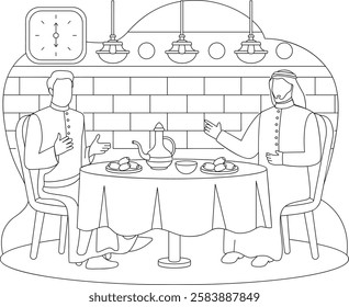 Dates and Brotherhood at Evening Meal vector icon design, Ramadan and Eid al-Fitr Banner Muslim fasting month scene Arabic holidays illustration, middle eastern mens are on iftar party at cafe concept