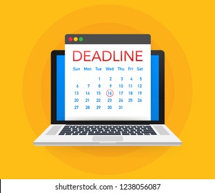 Dates and Deadlines banner. Computer with calendar. Vector stock illustration.