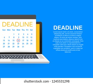 Dates and Deadlines banner. Computer with calendar. Vector stock illustration.