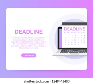 Dates and Deadlines banner. Computer with calendar. Vector stock illustration.