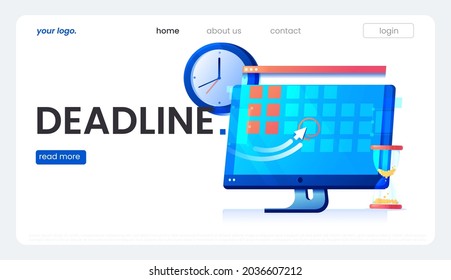 Dates and Deadlines banner. Computer with calendar in fire, clock and hourglass. Vector flat illustration.
