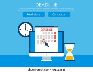 Dates and Deadlines banner. Computer with calendar, clock and hourglass. Vector flat illustration