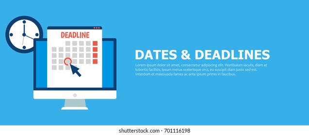 Dates and Deadlines banner. Computer with calendar, clock and hourglass. Vector flat illustration