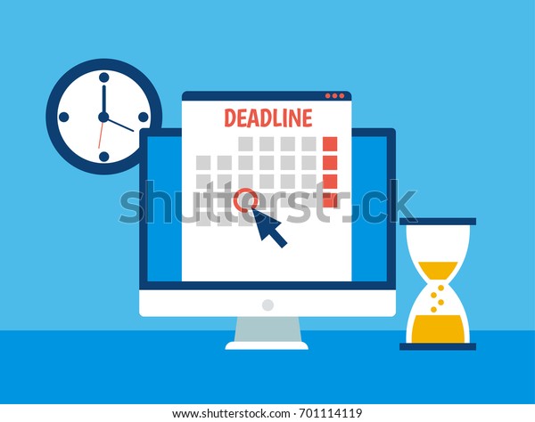 Dates and Deadlines banner.\
Computer with calendar, clock and hourglass. Vector flat\
illustration