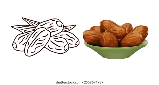 Dates dry fruits logo hand drawn ink sketch on isolated background. Illustration of dates fruits in plate. Tropical vegetarian food for healthy lifestyle.