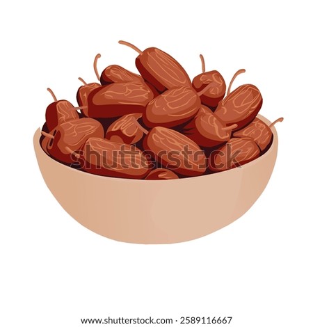Dates fruit in bowl isolated on white background. Sweet dry fruit vector cartoon illustration