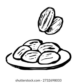 Dates fruit and iftar food hand drawn doodle. Islamic ramadan meal sketch for breaking the fast concept. Handcrafted healthy snack and plate illustration isolated.
