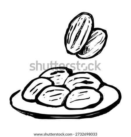 Dates fruit and iftar food hand drawn doodle. Islamic ramadan meal sketch for breaking the fast concept. Handcrafted healthy snack and plate illustration isolated.
