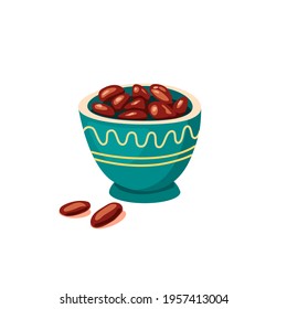 Dates fruit on blue bowl. Ramadan (muslim blessed month) food. Islamic vector illustration