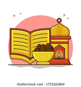Dates Fruit Quran and Lanterns. Muslim Vector Icon. Ramadan Greeting Card Banner and Flyer Background