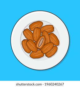 Dates Fruit Ramadan On A Plate Vector Icon Illustration. Dried Fruit Flat Icon