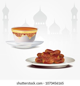 Dates fruits with arabic coffe cup isolated on white backgroun. ramadan iftar food