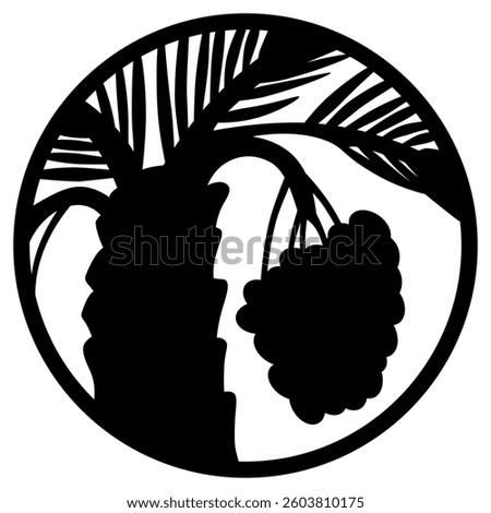 Dates fruits on palm tree icon. Silhouette logo on a circular frame.