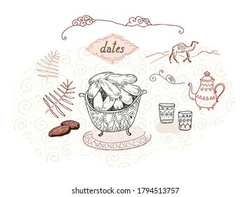 Dates fruits vector illustration with oriental teapot, cups, dates palm leaves, camel and handwriting.. Vintage style. Line art. Minimal. 