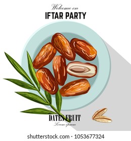 Dates for Iftar Party. Hand drawn vector illustration of dried dates Ramadan Iftar food on the plate with palm tree brunch. Isolated background. Flat design