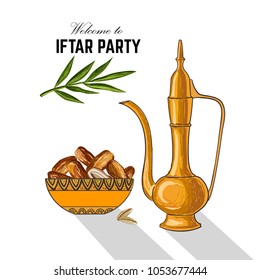 Dates for Iftar Party. Hand drawn vector illustration of dried dates Ramadan Iftar food on the plate with Teapot. Ideal for greeting cards