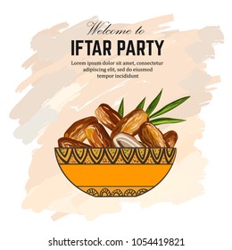 Dates for Iftar Party. Hand drawn vector illustration of dried dates Ramadan Iftar food in the plate.
