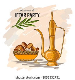 Dates for Iftar Party. Hand drawn vector illustration of dried dates Ramadan Iftar food on the plate with Teapot. Ideal for greeting cards