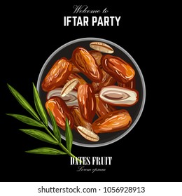 Dates for Iftar Party. Hand drawn vector illustration of dried dates Ramadan Iftar food on the plate with palm tree brunch. Isolated background. Flat design