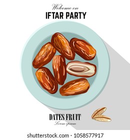 Dates for Iftar Party. Hand drawn vector illustration of dried dates Ramadan Iftar food on the plate. Isolated background. Flat design