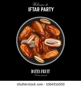 Dates for Iftar Party. Hand drawn vector illustration of dried dates Ramadan Iftar food on the plate. Isolated background. Flat design