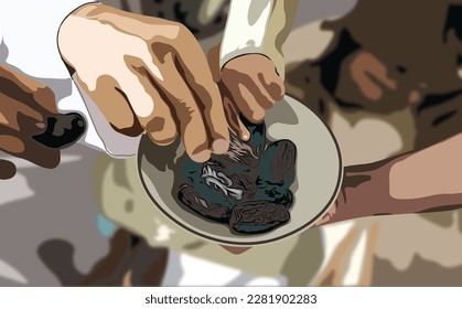 Fechas e ilustración de una mano tomando dátiles para comer. Comida musulmana durante el mes de ayuno. Hora de Iftar con amigos y familia