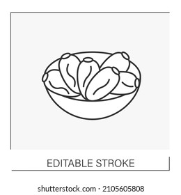  Dates Line Icon. Date Palm Tropical Fruits Inside The Plate. Healthy Snacks. Assortment Of Desserts.Fruit Concept. Isolated Vector Illustration. Editable Stroke